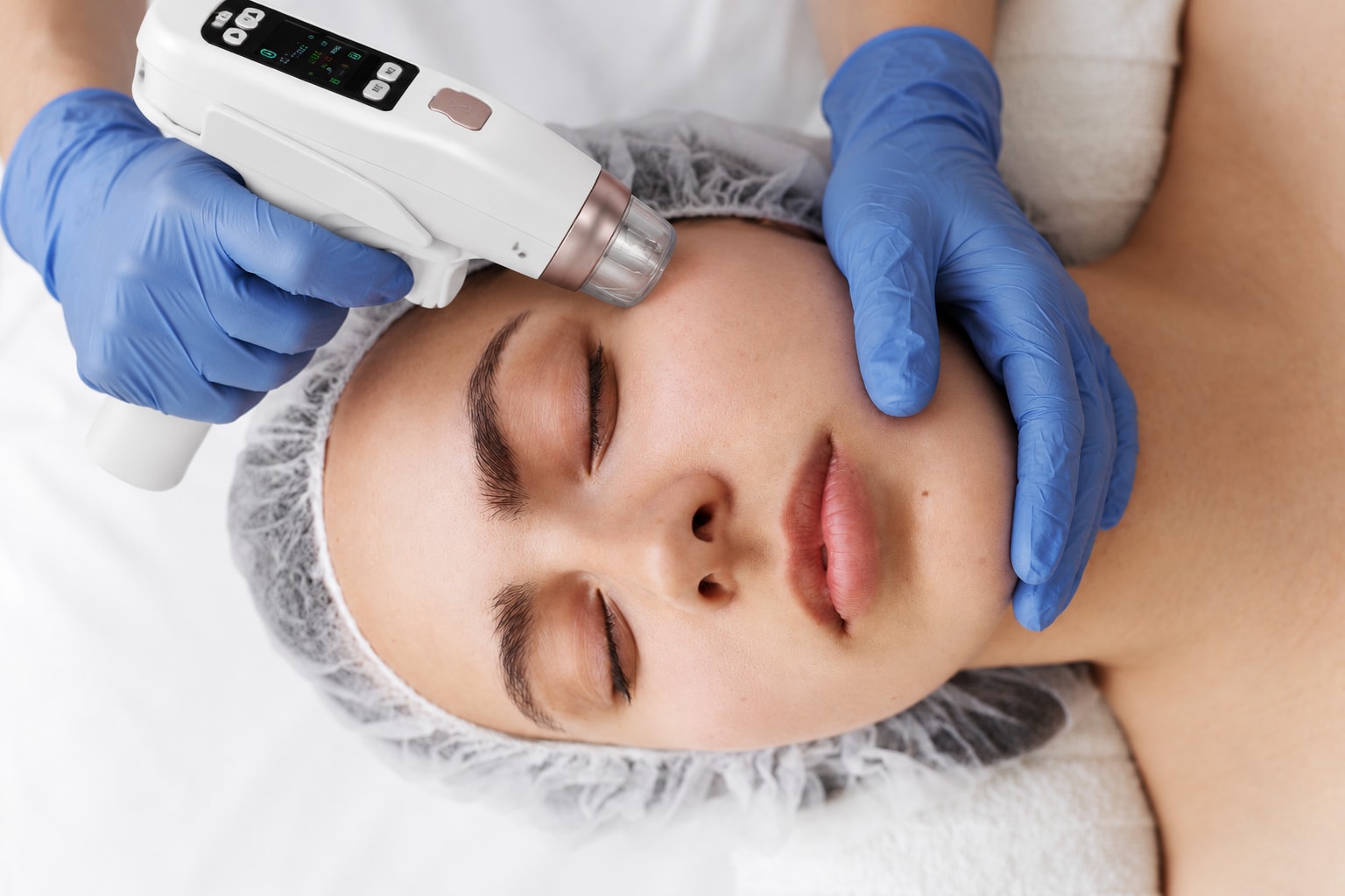 AI-generated illustration of a gloved provider holding a nano-needle device against facial skin