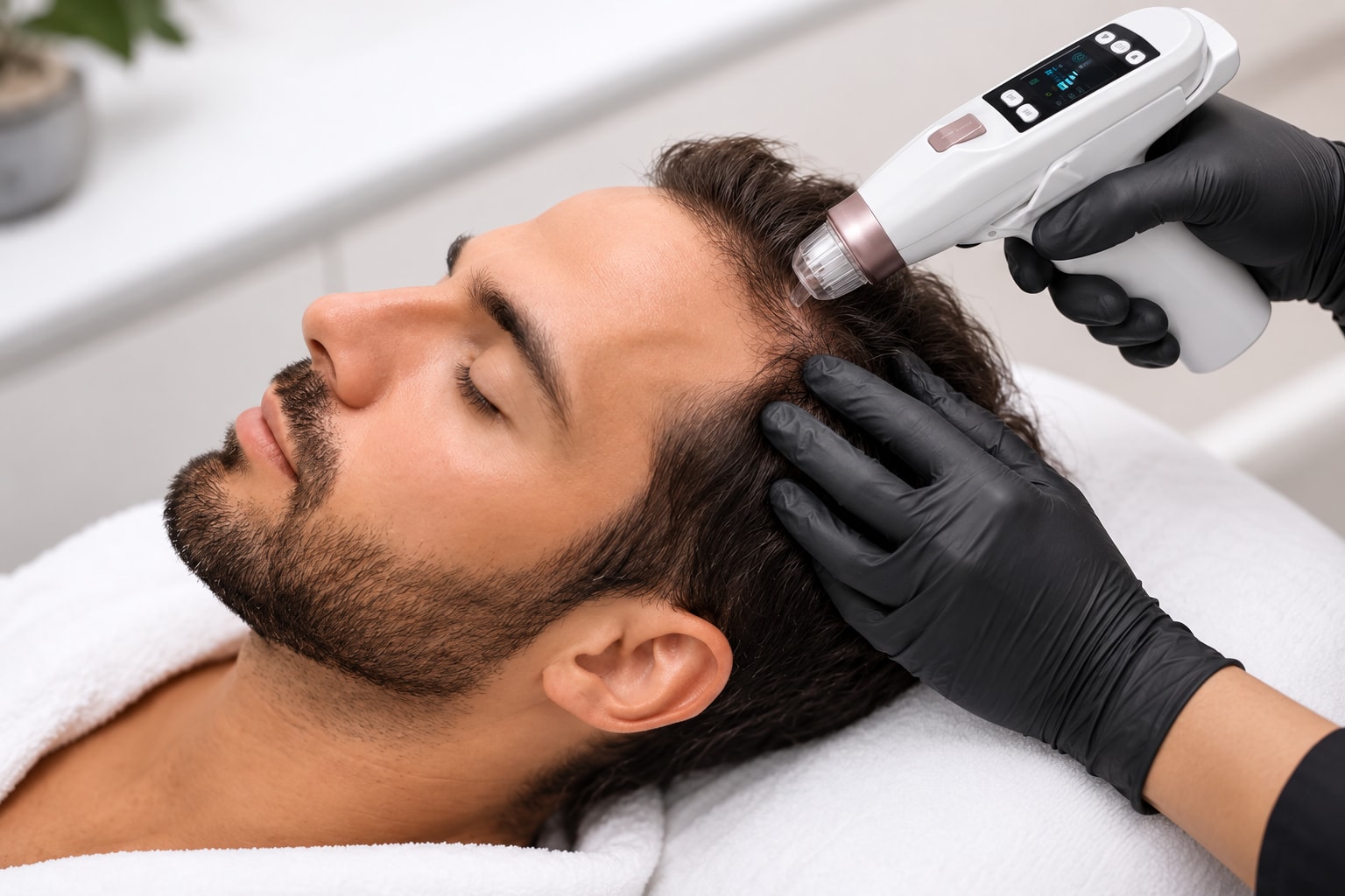 AI-generated illustration of a gloved provider holding a nano-needle device against the scalp